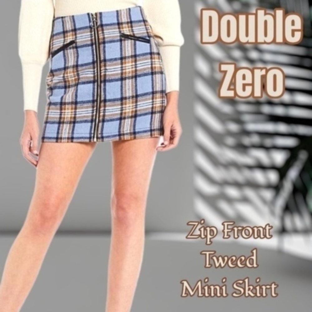 DOUBLE ZERO Zip Front Faux Slant Pocket Tweed Miniskirt in Blue Plaid/LG NWT